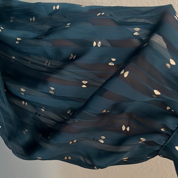 Misa Los Angeles Gabriella Asymmetric Striped Wrap Midi-Dress sheer long sleeve - Picture 8 of 14